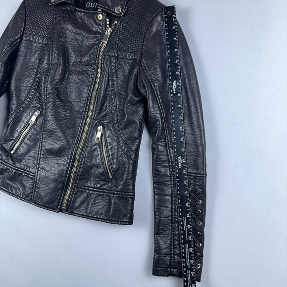 GUESS Leather Moto Biker Jacket Womens Size X Small Lace Up Sleeves Black - Picture 11 of 15